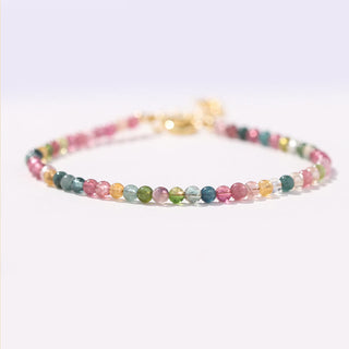 Buddha Gift 2mm Multicolor Tourmaline Ultra-thin Beads 14k Gold Plated Copper Wisdom Bracelet