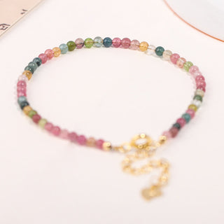 Buddha Gift 2mm Multicolor Tourmaline Ultra-thin Beads 14k Gold Plated Copper Wisdom Bracelet