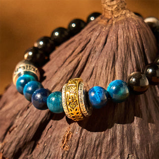 Buddha Gift Silver Sheen Obsidian Blue Tiger Eye Om Mani Padme Hum Protection Bracelet