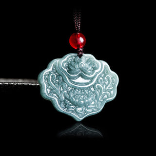 Buddha Gift Lotus Pattern Carved Jade Abundance Prosperity Necklace Rope Pendant