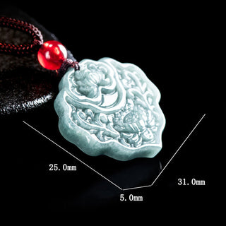 Buddha Gift Lotus Pattern Carved Jade Abundance Prosperity Necklace Rope Pendant