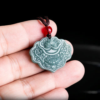 Buddha Gift Lotus Pattern Carved Jade Abundance Prosperity Necklace Rope Pendant