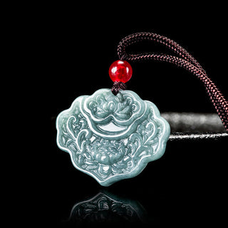 Buddha Gift Lotus Pattern Carved Jade Abundance Prosperity Necklace Rope Pendant