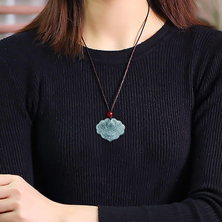 Buddha Gift Lotus Pattern Carved Jade Abundance Prosperity Necklace Rope Pendant