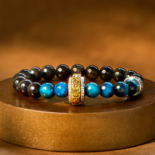 Buddha Gift Silver Sheen Obsidian Blue Tiger Eye Om Mani Padme Hum Protection Bracelet