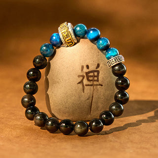 Buddha Gift Silver Sheen Obsidian Blue Tiger Eye Om Mani Padme Hum Protection Bracelet
