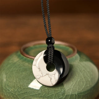 Buddha Gift Natural Black Obsidian White Turquoise Yin Yang Peace Buckle Design Braided String Strength Necklace Pendant