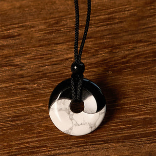 Buddha Gift Natural Black Obsidian White Turquoise Yin Yang Peace Buckle Design Braided String Strength Necklace Pendant