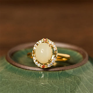 Buddha Gift Natural Hetian Jade Zirconia Egg Copper Open Luck Ring