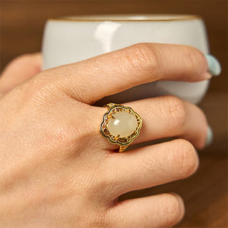 Buddha Gift Natural Hetian Jade Vintage Egg Copper Open Luck Ring