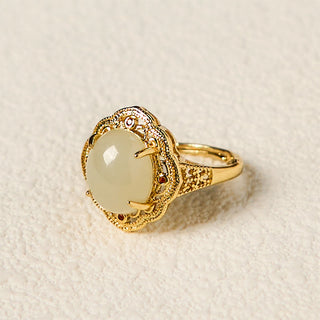 Buddha Gift Natural Hetian Jade Vintage Egg Copper Open Luck Ring