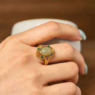 Buddha Gift Natural Hetian Jade Egg Hollow Pattern Copper Open Luck Ring