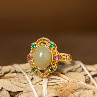 Buddha Gift Natural Hetian Jade Egg Hollow Pattern Copper Open Luck Ring