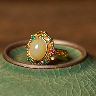 Buddha Gift Natural Hetian Jade Egg Hollow Pattern Copper Open Luck Ring