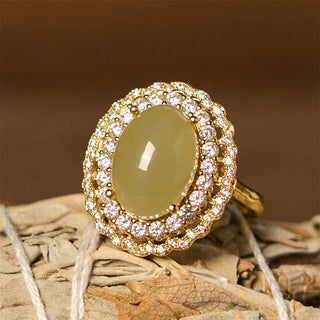 Buddha Gift Natural Hetian Jade Egg Hollow Double Circle Zirconia Copper Open Abundance Ring