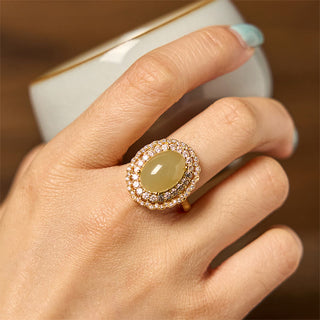 Buddha Gift Natural Hetian Jade Egg Hollow Double Circle Zirconia Copper Open Abundance Ring