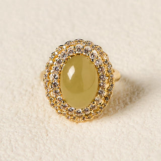 Buddha Gift Natural Hetian Jade Egg Hollow Double Circle Zirconia Copper Open Abundance Ring