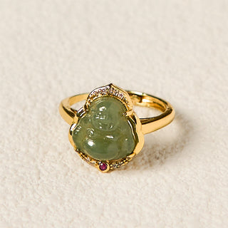 Buddha Gift Natural Hetian Jade Egg Gourd Copper Laughing Buddha Open Luck Ring