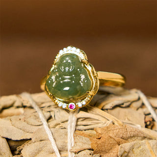 Buddha Gift Natural Hetian Jade Egg Gourd Copper Laughing Buddha Open Luck Ring