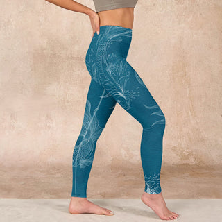 Buddha Gift Blue Koi Fish Flowing Waves Print Gym Leggings Women's Yoga Pants