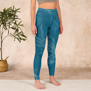 Buddha Gift Blue Koi Fish Flowing Waves Print Gym Leggings Women's Yoga Pants