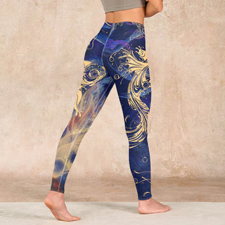 Buddha Gift Blue Koi Fish Auspicious Clouds Print Gym Leggings Women's Yoga Pants