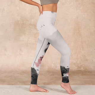 Buddha Gift Ink Painting Lotus Flower Leaf Print Gym Fitness Leggings Women's Yoga Pants