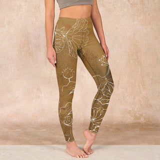 Buddha Gift Goldenrod Lotus Flowers Leaves Print Gym Fitness Leggings Women's Yoga Pants