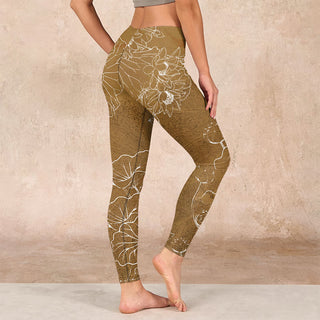 Buddha Gift Goldenrod Lotus Flowers Leaves Print Gym Fitness Leggings Women's Yoga Pants