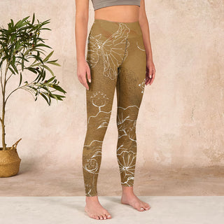 Buddha Gift Goldenrod Lotus Flowers Leaves Print Gym Fitness Leggings Women's Yoga Pants