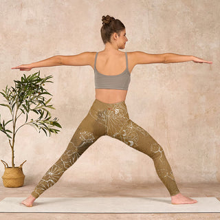 Buddha Gift Goldenrod Lotus Flowers Leaves Print Gym Fitness Leggings Women's Yoga Pants