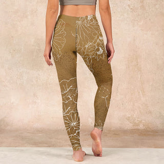 Buddha Gift Goldenrod Lotus Flowers Leaves Print Gym Fitness Leggings Women's Yoga Pants