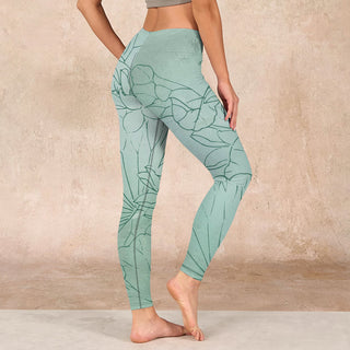 Buddha Gift Green Lotus Flower Print Sports Leggings Women's Yoga Pants