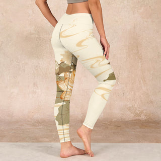 Buddha Gift Beige Lotus Flower Print Gym Fitness Leggings Women's Yoga Pants