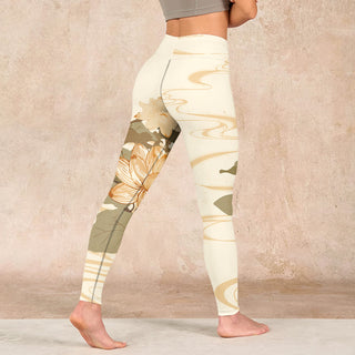 Buddha Gift Beige Lotus Flower Print Gym Fitness Leggings Women's Yoga Pants