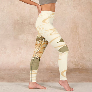 Buddha Gift Beige Lotus Flower Print Gym Fitness Leggings Women's Yoga Pants