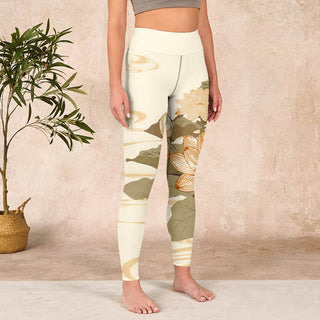 Buddha Gift Beige Lotus Flower Print Gym Fitness Leggings Women's Yoga Pants