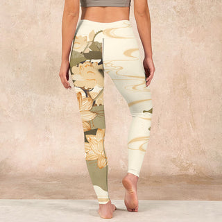 Buddha Gift Beige Lotus Flower Print Gym Fitness Leggings Women's Yoga Pants