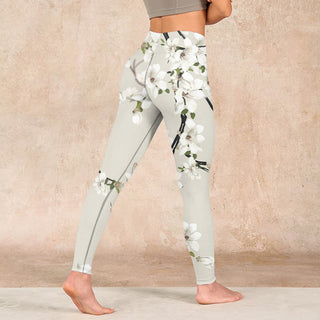 Buddha Gift White Magnolia Flower Print Sports Fitness Leggings Women's Yoga Pants