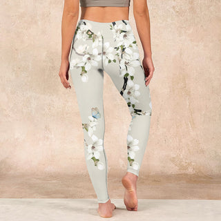 Buddha Gift White Magnolia Flower Print Sports Fitness Leggings Women's Yoga Pants