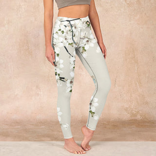 Buddha Gift White Magnolia Flower Print Sports Fitness Leggings Women's Yoga Pants