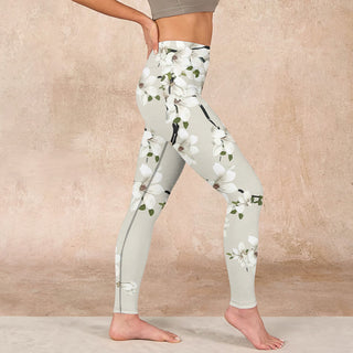 Buddha Gift White Magnolia Flower Print Sports Fitness Leggings Women's Yoga Pants