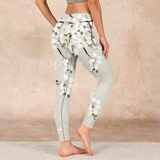 Buddha Gift White Magnolia Flower Print Sports Fitness Leggings Women's Yoga Pants