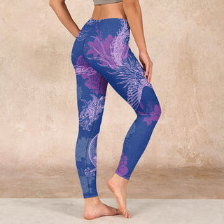Buddha Gift Purple Dragon Phoenix Flowers Print Gym Leggings Women's Yoga Pants