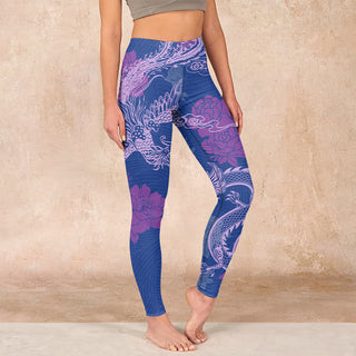 Buddha Gift Purple Dragon Phoenix Flowers Print Gym Leggings Women's Yoga Pants