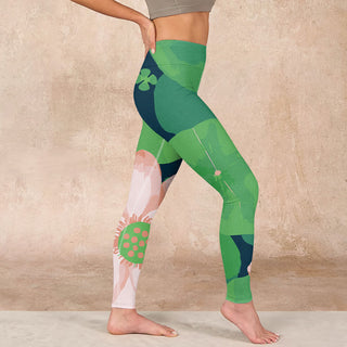 Buddha Gift Green Lotus Flower Leaf Print Sports Fitness Leggings Women's Yoga Pants