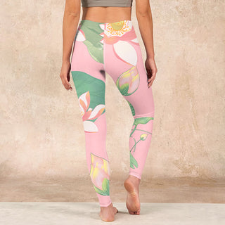 Buddha Gift Pink Lotus Flower Leaf Print Gym Fitness Leggings Women's Yoga Pants