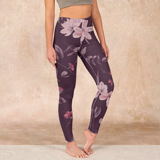 Buddha Gift Purple White Flowers Leaves Blossom Print Gym Fitness Leggings Women's Yoga Pants