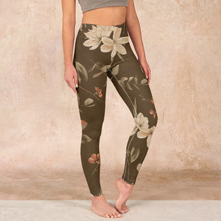 Buddha Gift Purple White Flowers Leaves Blossom Print Gym Fitness Leggings Women's Yoga Pants