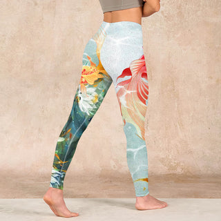 Buddha Gift Green Koi Fish White Lotus Water Ripples Print Gym Leggings Women's Yoga Pants